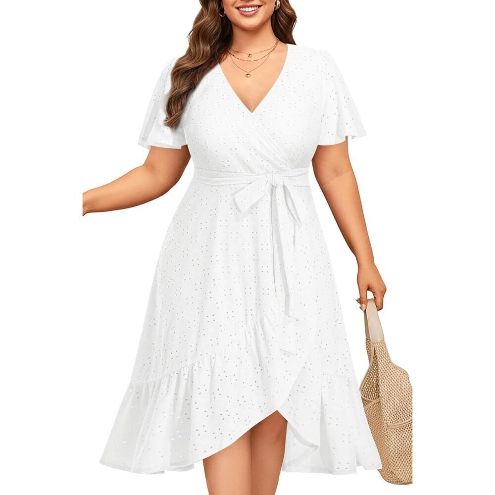 Plus Size Wedding Guest Dress Summer Midi Wrap V-Neck A-Line Polished